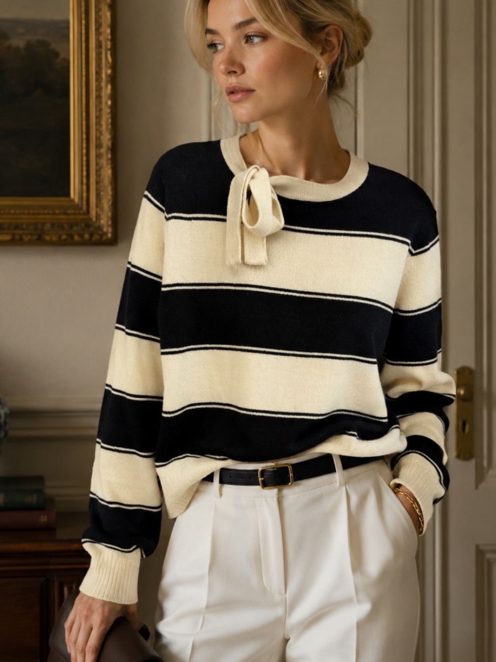 Marc Jacobs Ivory Multi Tie-Neck Stripe Wool Sweater Size Large 36861